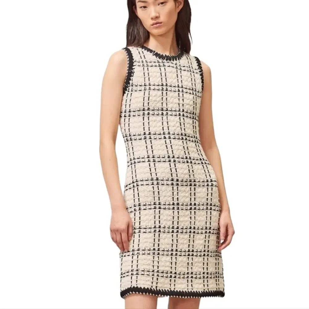 Tory‎ Burch Black Ivory Sleeveless Tweed Midi Dress Medium